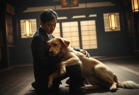 ultra-detailed and hyper-realistic, realistic, a cute golden retriever lies on the legs of a sitting man. being petted. Scene set inside a dimly lit, moody Japanese temple interior. Dark romantic ambiance with soft backlighting and rich shadows. Lighting: soft, directional light with warm cinematic tone grading, gentle contrast enhancement. shallow depth of field, balancing