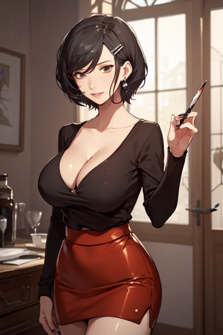 AriaNaSharehouse, 1girl, solo, short hair, skirt, large breasts, black shirt, black hair, long sleeves, cleavage, brown eyes, jewelry, collarbone, earrings, hairclip, miniskirt, red skirt, pencil skirt