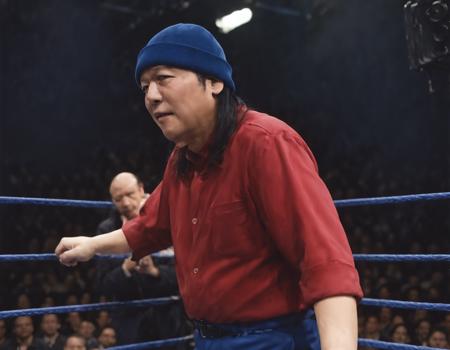 in 1998 a man in a knit cap and red shirt threw a man in a knit cap and blue shirt off Hell In A Cell and plummeted 16 ft through an announcer's table, world wrestling federation", "in 1998 a man in a knit cap and red shirt threw a man in a knit cap and blue shirt off Hell In A Cell and plummeted 16 ft through an announcer's table, world wrestling federation, intricate, digital painting, artstation, concept art, smooth, sharp focus, illustration, art by artgerm and greg rutkowski and alphonse mucha and uang guangjian and gil elvgren and sachin teng, symmetry!!