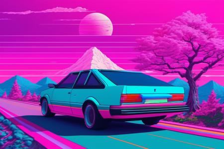 <lora:vaporwave_xl-off:1>vaporwave style, ground vehicle, outdoors, no humans, cloud, motor vehicle, driving car, mountain, sky, scenery, tree, road, vehicle focus, nature