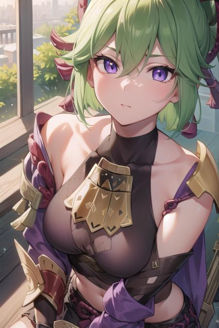 shinobu kuki, green hair, hair between eyes, ponytail, short hair, (purple eyes:1.1), armor, bare shoulders, black gloves, cropped jacket, fishnet top, fishnets, gloves, gold trim, hair ornament, jacket, leg armor, midriff, off shoulder, partially fingerless gloves, purple jacket, shirt, short shorts, shorts, shoulder armor, sleeveless, sleeveless shirt,