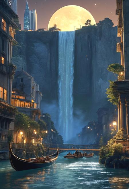 (Hyperdetailed Matte Painting:1.4),Starlight River: A mystical river flowing through a volcanic landscape. The water shimmers with starlight, reflecting the Milky Way :1 above. Strange, glowing plants line the riverbank, flock of animals drink from its ethereal waters.
, capturing the intricate details of thePanoramic night scene of a sci-fi city inspired by Studio Ghibli and Alphonse Mucha. A majestic waterfall cascades down a central skyscraper, its water illuminated by the moonlight. Intricate details on the waterfall evoke Mucha's Art Nouveau style. The cityscape stretches out on either side, bustling with futuristic activity. Selective focus blurs the background, drawing attention to the waterfall and the city in the foreground. The scene is incredibly detailed, high quality, and in 4K resolution.
venetian type rowing boat in the middle
Emphasize the epic scale of the metropolis and its surrounding environment, while hinting at the mysteries of the lost civilization that built it.