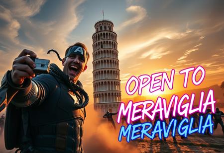 Marvel icons, Captain America and Venom, are caught in a high-energy selfie in front of the Leaning Tower of Pisa during an action-packed moment. Captain America, with his iconic shield on his back, holds a vintage Kodak MC3 camera, capturing the perfect shot. Venom strikes a chaotic, playful pose, his tendrils wrapping around Cap’s shoulder. In the background, the ominous Sion army advances through swirling dust clouds, their futuristic armor gleaming under a dramatic sunset. The Leaning Tower of Pisa stands tall, casting long shadows across the scene.
In the foreground, a vibrant neon cardboard sign reads ‘OPEN TO MERAVIGLIA’ in bold, graffiti-style text, glowing with holographic accents. The contrast between the iconic Italian landmark, the looming Sion army, and the lighthearted superhero selfie creates an epic and surreal snapshot of adventure and fun