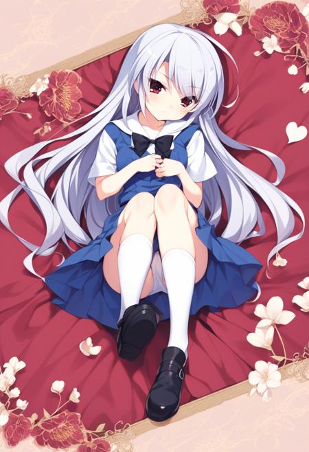 kazami kazuki, silver hair, long hair, red eyes, school uniform, black bow sundress white kneehighs