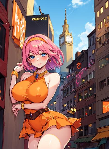 lenna, 1girl, solo, blue eyes, pink hair, short hair, breasts, earrings, hairband, blush, bare shoulders, jewelry, orange leotard, earrings, large breasts, brooch, thighs, orange shirt, bracelet, orange skirt , buildings, smile, city, <lora:Lenna:0.7>