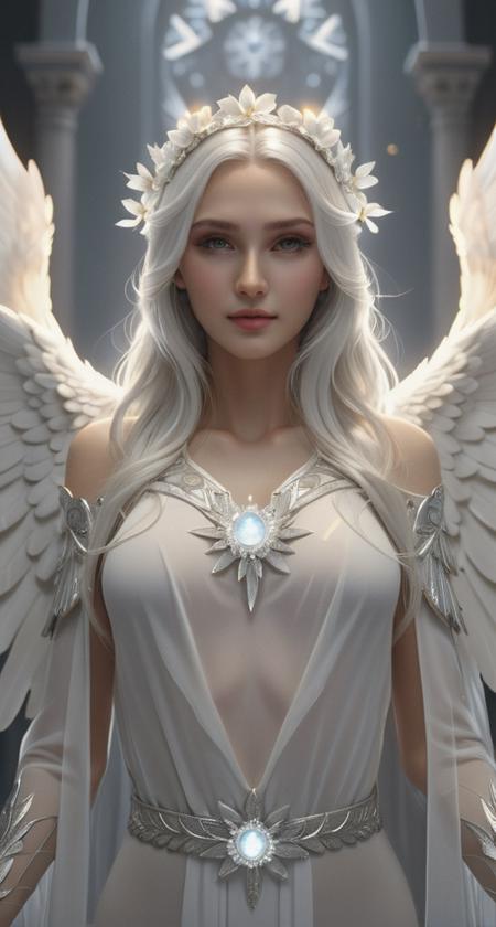 Very detailed realistic illustration.  hyper-detailed cinematographic illustration.  Beautiful and perfect Angel Priestess woman with white angel wings and detailed and defined luminous flashes.  Full and large angel wings.  Beautiful and Divine Angel Priestess with large and uniform wings.  Beautiful and detailed face.  Very light gray eyes with a deep and penetrating look.  detailed white skin.  long hair of very defined luminous neon white color and decoration in her hair with white crystals.  white eyebrows and defined white eyelashes.  Angel with a slight smile.  Celestial white priestess tunic-type dress with many silver details.  In her hands she has a white flower.  masterpiece.  Realism.  Hd.  High quality.  High resolution.  8k