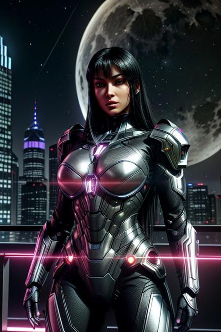 intricately detailed photograph of a gorgeous ((futuristic)) super-soldier of ambiguous ethnicity named Ava, detailed realistic eyes, detailed hair, detailed skin, wearing (sleek high-tech:1.1) power armor, appealing, eye-catching, aesthetic, (stunning shiny (advanced) outdoor nighttime future city:1.1), incredible metal buildings, impossibly tall ultramodern skyscrapers, full moon, stars, (amazing background:1.2), (vibrant colors), 8K, UHD, HDR, ultra-hd, cinematic, volumetric, dramatic, epic, realistic, breathtaking, impressive, high quality, best quality, masterpiece, (((anime))), (((cartoon))), (unreal engine 5), (raytracing)