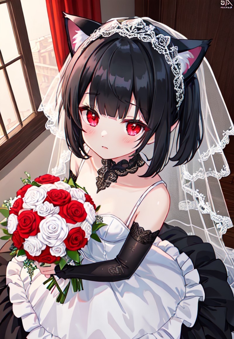 black hair, red eyes, short hair, short twintails, expressionless, cat ears, small breasts, wedding dress, bridal veil, ho...