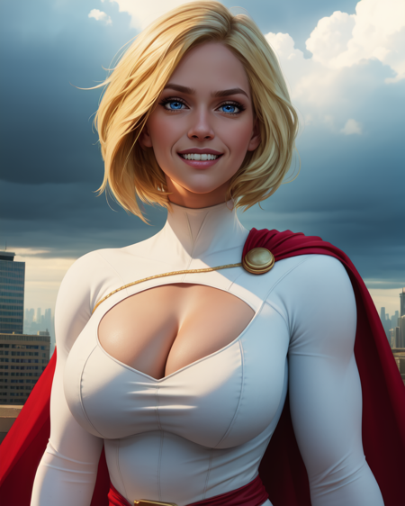 kara,short blonde hair,blue eyes,white leotard,large breasts,shoulder cape,cleavage cutout,
standing,upper body,solo,morning,metropolis city,cloudy sky,serious,smile,
(insanely detailed, beautiful detailed face, masterpiece, best quality),<lora:powergirlIJ2:0.5>,