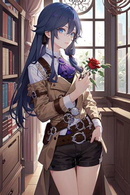 (masterpiece, top quality, best quality, official art, beautiful and aesthetic:1.2),extreme detailed,(fractal art:1.3), 1girl, solo,<lora:FH_HoF_v1.1:0.85>, Fu Hua(HoF),  brown coat, white shirt, purple ascot, belt, black shorts, indoors, window, bookshelf, sunlight, lean against the window, holding rose, ponytail, long hair, one hand in pocket, monocle, (wear monocle:1.1),