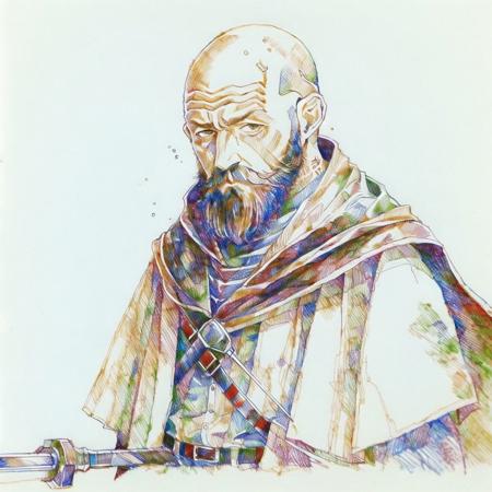 <lora:tmari:1>, tmari,  sketch, traditional media, ballpen drawing, white background,  1boy, bald, beard, brown hair, cape, dwarf, facial hair, solo, sword, tattoo, weapon