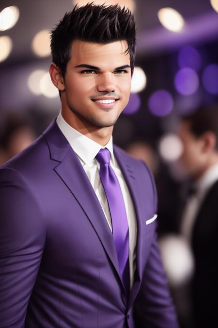 <lora:Taylor Lautner:.35>, Photo of Taylor Lautner at a party, dark purple suit and tie, perfect teeth, dynamic pose, dynamic lighting, photo shoot, photo realistic, high detail, (quarter view:1.5), bokeh, party lights