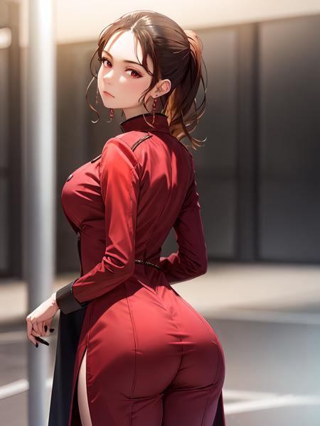 (extremely detailed CG), (best quality), 1girl, perfect face,shiny skin,narrow waist, wide hips   <lora:ReikaShindai-10:0.8> ReikaShindai, ,black pants,black nails,jacket,boots,red eyes,pants,long sleeves,red coat,brown hair,ponytail,coat,long hair,earrings, jewelry ,ass, ass focus, looking back, blushed, serious, solo 1girl,