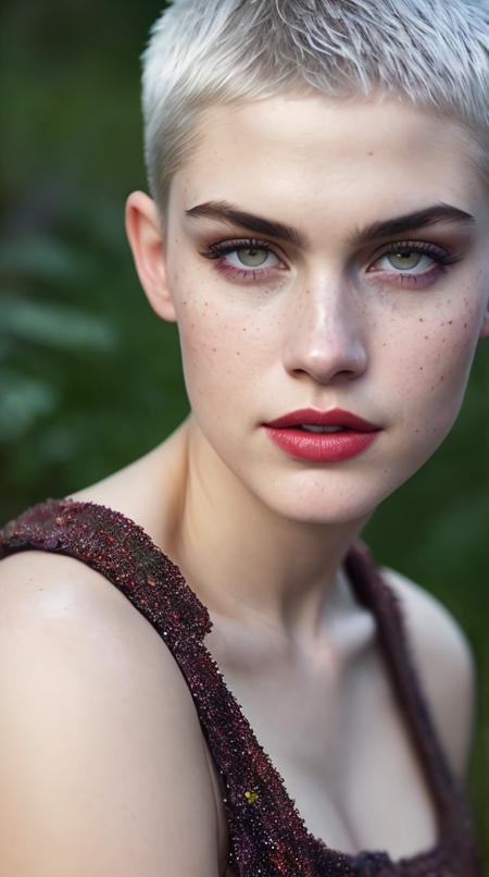 Photo of (cajwes:0.9). (sharp focus:1.2), attractive young woman, (beautiful face:1.1), detailed eyes, red lips, (eyeshadow:1.2), (winged eyeliner:1.2), (subtle smile:1.35), body freckles, (medium breasts:1.0), (toned body:1.2), (buzzed hairstyle:1.2), wearing (dress:1.2) at (photoshoot:1.2). (dreamy lighting:1.2), depth of field, bokeh, 4K, HDR. by (James C. Christensen:1.2|Jeremy Lipking:1.1).