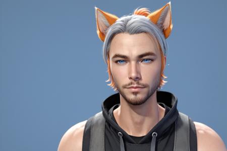 Roiadan Vanzey,  solo,  looking at viewer,  short hair,  blue eyes,  gruff,  two tone hair,  orange hair,  grey hair,  streaked hair,  animal ears,  brown eyes,  closed mouth,  male focus,  sleeveless,  cat ears,  facial hair,  portrait,  beard, <lora:EMS-43353-EMS:0.400000>