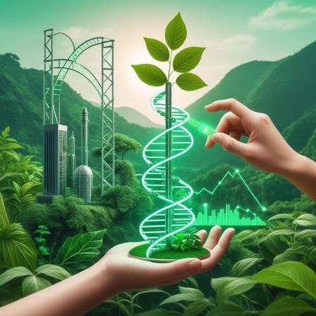 A symbolic representation of bioethics, 
featuring a balance between nature and technology. On one side, 
a human hand holds a DNA strand surrounded by green leaves and plants, 
symbolizing life, 
growth, 
and nature. On the other side, 
a robotic hand holds a circuit board with glowing lines, 
representing technology, 
artificial intelligence, 
and scientific advancement. Between the hands, 
a scale balances the ethical dilemmas of science and nature. In the background, 
a peaceful landscape merges with futuristic cityscape, 
illustrating the harmony and conflict between these two realms, 
incorporate animals