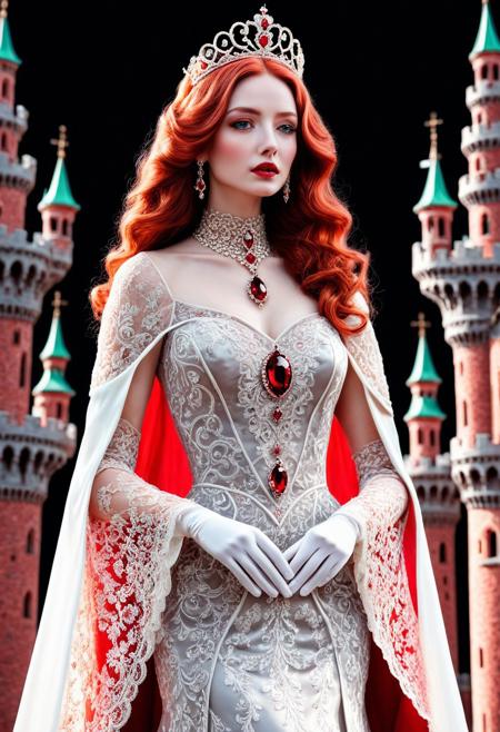 (masterpiece), (illustration), (castle), (pale skin), (grace lady), jewelry-tiara, //ruby_deep-orange hair, long_wavy hair//, //shiny-green eyes//, nose, (shiny lip), closed mouth, (huge breasts:0.8), //gray long lace dress//, //white garter, elbow gloves, royal_cape//, looking at viewer, standing, close-up, <lora:conceptSceneryScene_v10:0.7>, <lora:add_detail:1>, coralbugXL, <lora:coralbugXL:1.4>, deepdarkocean,  censored, puffy sleeves, closed dress, beautiful high-neck top, fully dressed, hands hidden.