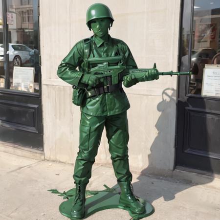 <lora:Plastic Green Army Toy Soldier Costume:0.7>, 1boy, Plastic Green Army Toy Soldier Costume, full body