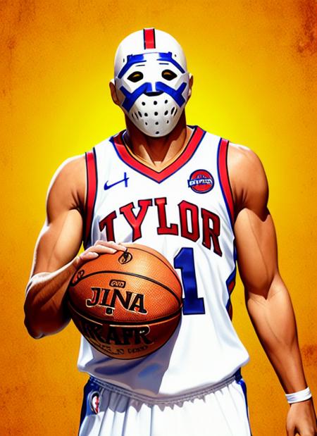 pt3jasonvoorhees-2250, looking at viewer, wearing basketball jersey, holding a basketball, in the style of a basketball card, photorealistic, masterpiece