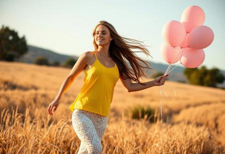 A stunning blonde California model in a yellow sleeveless top side boob and white crochet lace pants runs, long brown hair through, a sunlit California field, her long brown hair, holding a large bunch of pink balloons in her right hand, capturing a playful golden hour glow.