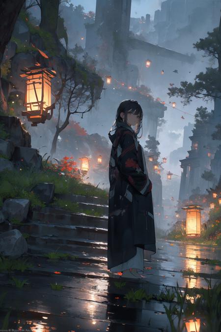 (masterpiece:1.2), best quality,realistic,Tyndall effect,
lantern, 1girl, outdoors, scenery, bird, night, grass, solo, black hair, artist name, sky, standing, water, tree, rock, building, paper lantern, night sky
 <lora:ghostdom_20230621222536-000016:1>