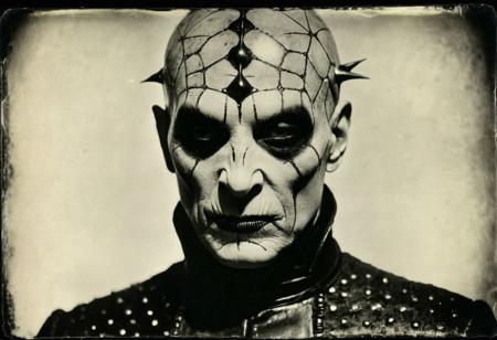 monochrome (wetplatecollodion:1.2),  a Genuine old semi-faded semicolour 1970s photograph of a nightmarishly bizarre hellraiser Cenobite Fashion -  creatures from the underworld of cenobite universe, horror, Clive barker, surreal, nightmarish, hyperdetailed surreal, Gustave Dor, clive barker ::  selective focus, scratches
<lora:fix_hands:1>
<lora:Wet Plate Collodion_SDXLBase-000002:1>