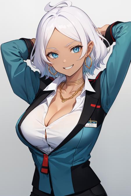 <lora:secelia_dote:1>secelia dote, looking at viewer, grin, collared shirt, white hair, cleavage, white shirt, solo, office lady, dark-skinned female, 1girl, blue eyes, open jacket, jewelry, black jacket, necklace, large breasts, dark skin, earrings, open clothes, hoop earrings, smile, jacket, upper body, arms behind head, short hair, collarbone, shirt