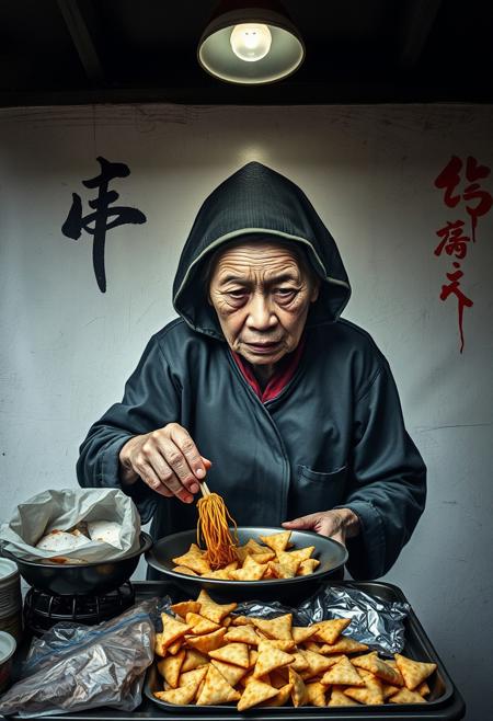 A fine art photograph depicting an eerie, creepy atmosphere. A mural of an elderly Chinese woman with unsettling details, deep frying snacks in her food stall against a white background. The image uses dark tones, soft contrast, and soft saturation, evoking an Associated Press Photo Of The Year style.