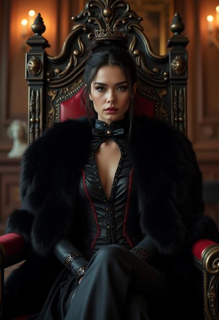 photorealistic, film grain, candid camera, color graded cinematic, eye catchlights, atmospheric lighting, macro shot, natural, shallow dof, beautiful aesthetic, very intricate, high quality details, gorgeous female, queen, fancy black suit, red trim, fur cape, gothic clothes, sitting on a throne, smug, cinematic lighting, gothic castle, throne room, looking at viewer