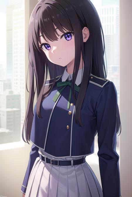 takinainoue, <lyco:takinainoue-lyco-nochekaiser:1>, 
inoue takina, long hair, bangs, black hair, (purple eyes:1.2), 
BREAK shirt, long sleeves, dress, ribbon, school uniform, white shirt, collared shirt, belt, neck ribbon, blue dress, green ribbon, pleated dress, grey dress, two-tone dress, blue belt, lycoris uniform, 
BREAK looking at viewer, (cowboy shot:1.5),
BREAK outdoors, city,
BREAK <lyco:GoodHands-beta2:1>, (masterpiece:1.2), best quality, high resolution, unity 8k wallpaper, (illustration:0.8), (beautiful detailed eyes:1.6), extremely detailed face, perfect lighting, extremely detailed CG, (perfect hands, perfect anatomy),