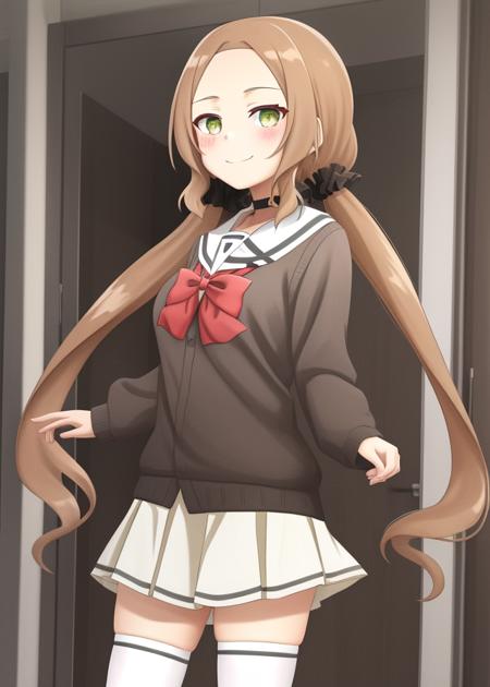 <lora:Inubouzaki_Fuu-10:0.8>,Inubouzaki_Fuu, 1girl, solo,smile, skirt,brown hair, shirt, thighhighs, long sleeves,bow, twintails,light green eyes, very long hair,school uniform, pleated skirt, shoes, serafuku, choker, miniskirt, bowtie, sailor collar, black footwear, red bow, white thighhighs,low twintails, black choker, white skirt, cardigan, loafers, red bowtie, forehead, white sailor collar