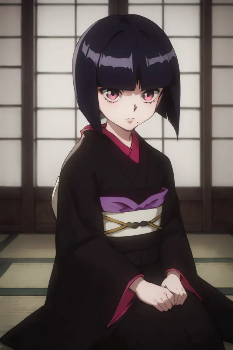 A girl with dark hair and pink eyes seated on the floor with her hands gently resting on her lap. She is wearing a traditional Japanese kimono and the setting appears to be a traditional Japanese room with sliding doors made of wood and paper.