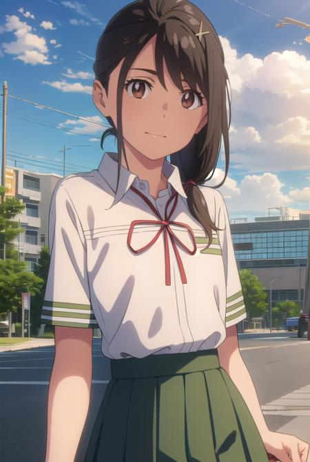 suzumeiwato, <lyco:suzume iwato movie-lyco-nochekaiser:1>,
suzume iwato, long hair, black hair, hair ornament, (brown eyes:1.5), hairclip, ponytail, smile,
BREAK skirt, shirt, ribbon, school uniform, white shirt, red ribbon, green skirt, long skirt,
BREAK outdoors, sky, day, cloud, sun,
BREAK looking at viewer, (cowboy shot:1.5),
BREAK <lyco:GoodHands-beta2:1>, (masterpiece:1.2), best quality, high resolution, unity 8k wallpaper, (illustration:0.8), (beautiful detailed eyes:1.6), extremely detailed face, perfect lighting, extremely detailed CG, (perfect hands, perfect anatomy),