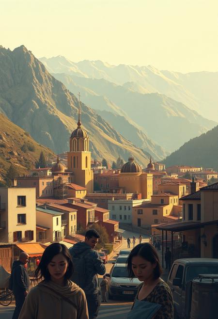 A small town in a mountainous landscape, where geometric, art deco-inspired buildings contrast against highly detailed figures going about their daily lives, their faces full of quiet emotion.
crisp stylized geometric landscapes, richly detailed and expressive portraits, vibrant cinematic lighting, deep emotional storytelling, bold structured shapes blending into intricate realism, soft gradient color transitions, smooth abstracted forms meeting textured photographic details
