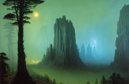 (impressionism:1.05), A hovering city ,Runes carved in bark ,Bioluminescent fog , Cliff/Bluff, pine forest, (Vincent Di Fate:1.2), scenery,scene painting,a painting,