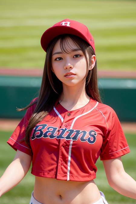 <lora:betterCuteAsian03:0.3>, a woman playing baseball, (wearing baseball_uniform:1.3), red uniform,
good hand,4k, high-res, masterpiece, best quality, head:1.3,((Hasselblad photography)), finely detailed skin, sharp focus, (cinematic lighting), night, soft lighting, dynamic angle, [:(detailed face:1.2):0.2],(((inside_stadium))),    <lora:baseball_uniform:0.5>