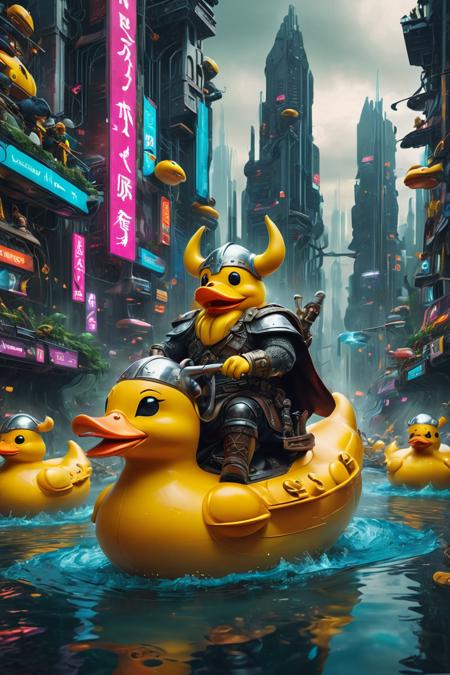 Viking warriors riding on the back of enormous rubber ducks through a futuristic metropolis. <lora:extremely_detailed:1> <lora:SDXLFaeTastic2400:1>