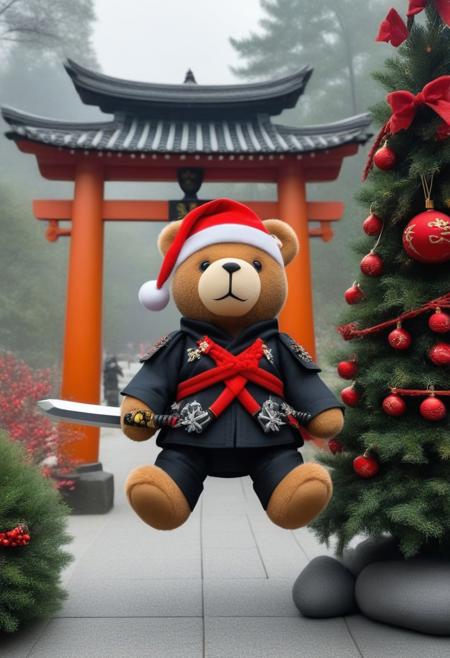 A teddy bear dressed in a ninja costume, Shuriken-shaped ornaments on the tree, carrying a sword, but with a Santa sack on his back, Samurai helmets combined with Santa hats, Torii gate in the background,