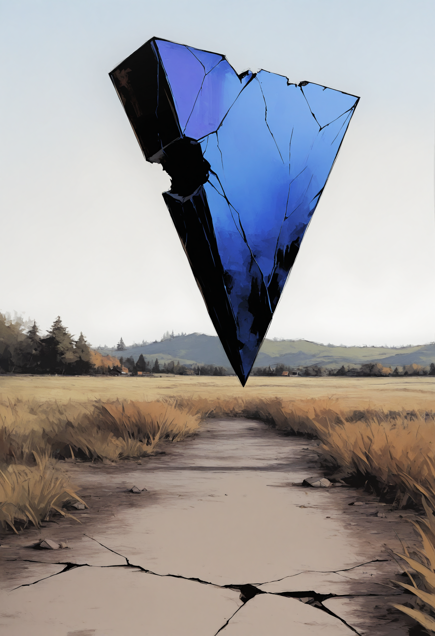A striking blue triangular crystalline object hovering above a parched landscape. The object appears heavily damaged with cracks throughout its surface, its deep blue-violet color contrasting dramatically against the pale sky. Below, a dried-up creek bed with cracked earth cuts through golden-brown grassland, with rolling hills and a tree line in the distance.