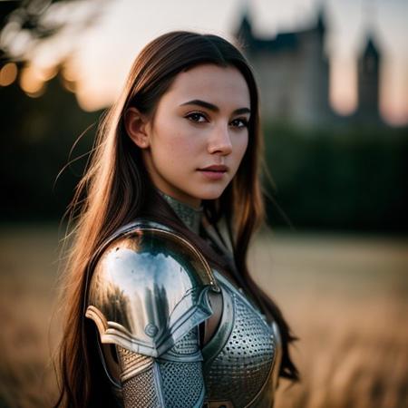 , (masterpiece), (extremely intricate:1.3), (realistic), portrait of a girl, the most beautiful in the world, (medieval armor), metal reflections, upper body, outdoors, intense sunlight, far away castle, professional photograph of a stunning woman detailed, sharp focus, dramatic, award-winning, cinematic lighting, octane render unreal engine, volumetrics, (film grain, blurry background, blurry foreground, bokeh, depth of field, sunset, motion blur:1.3), chainmail