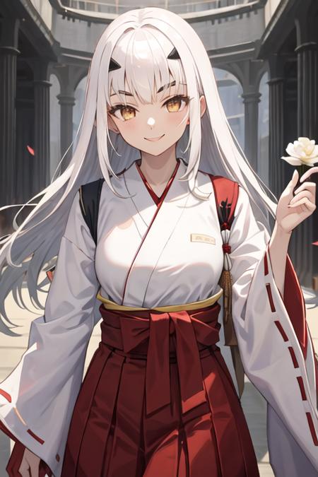 best quality, masterpiece, highres, solo, {white kimono:1.35}, {red hakama:1.35}, {wide sleeves:1.20}, {tam_lin_lancelot_fgo:1.15}, long_hair, white_hair, bangs, sidelocks, breasts, forked_eyebrows, small_breasts, brown_eyes, smile, yellow_eyes