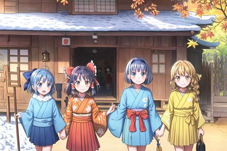 masterpiece, best quality, highly detailed, (4girls, cowboy shot:1.2), japanese village
AND japanese village, (4girls, cowboy shot, cirno, blue eyes, blue hair, blue bow, ice wings, winter, snow)
AND japanese village, (4girls, cowboy shot, hakurei reimu, spring, yellow leaves)
AND japanese village, (4girls, cowboy shot, (konpaku youmu:1.2), summer, sun, green trees)
AND japanese village, (4girls, cowboy shot, (kirisame marisa:1.2), yellow eyes, yellow long hair, single braid, autumn, orange leaves)