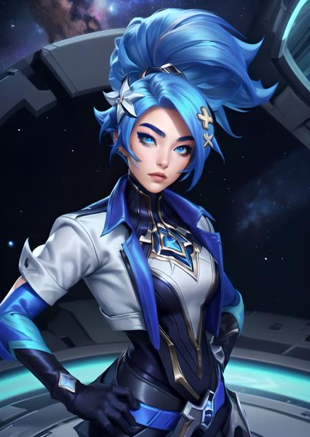 Akali drx, 1girl, solo, long hair, blue eyes, hair ornament, blue hair, jacket, upper body, ponytail, shiny hair, star hair ornament, space, cowboy shot, looking at viewer, (masterpiece:1.2, best quality), <lora:Akali_DRX_1:0.8>, short sleeves, black gloves, hand on hips