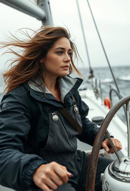 beautiful woman steering sailing yacht in heavy seas, rain jacket, overalls, hair blowing, close up