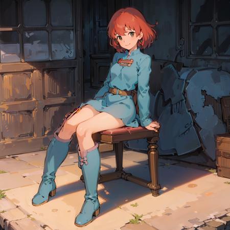 (masterpiece:1.4), (best qualit:1.4), (high resolution:1.4), 1girl, redhead, brown eyes, smile, Nausicaa, sit on a chair, no panties, high boot, colorful, full body,<lora:Nausicaa V0.5:0.8>, ghibli style