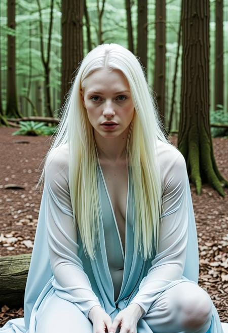 close up analogue photo of a beautiful 25 years (((albino woman:1.5))) with white hair (((pale skin:1.5))), white hair, <lora:Lumiya_SDXL:0.6>, A woman in storm-blue robes kneels by a forest spring surrounded by gnarled trees and scattered runes carved in stone; soft mist curls across the ground and small lights blink in the undergrowth, suggesting unseen watchers.