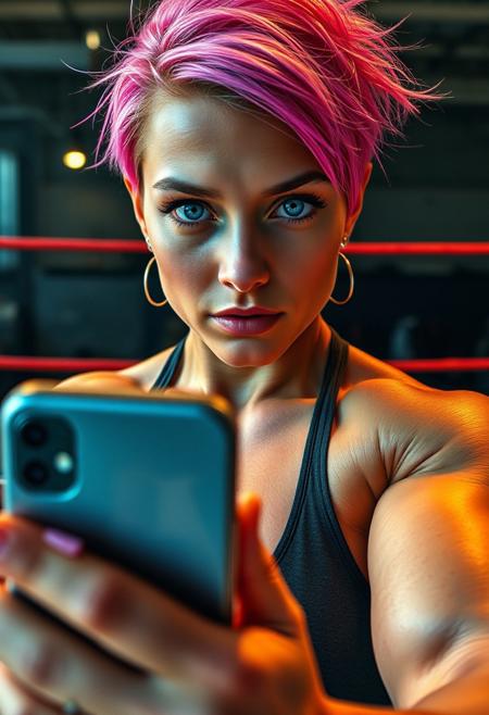 built like a man - female bodybuilder - 21 years old - portrait - most beautiful face in the world - detailed face - photorealistic - photography - short pink hair - big blue eyes - contest ready muscle - massive muscles - huge defined muscles - massive bulging muscles - holding phone - camera pov - face shot - selfie pov - detailed face - messy hair - wrestling ring - detailed face - super strong arms - biceps - very strong