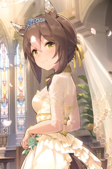 fine motion \(umamusume\), tiara, bridal veil, yellow hair ribbon, lace sleeves, long wedding dress, lace dress, short hair, looking at viewer, smile