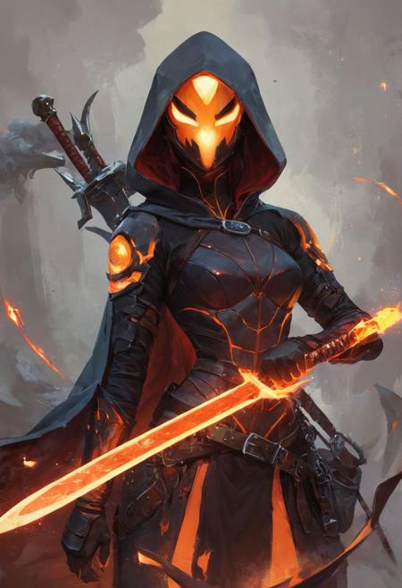score_9, score_8_up, score_8 (score_9, score_8_up, score_7_up1, a machete made from brimstone and lava, glowing blade and fire effects, helmet, female demon, hidden face <lora:magma_12_lbw_2:1.25>,  composed of fire elements, hood, cape, assassin