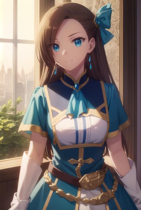 catarinaclaes, <lora:catarina claes s2-lora-nochekaiser:1>,
catarina claes, long hair, bangs, brown hair, blue eyes, asymmetrical bangs, smile,
BREAK hair ornament, gloves, dress, bow, jewelry, jacket, short sleeves, hair bow, earrings, white gloves, bracelet, ascot, blue dress, blue bow, brooch, high collar, long dress, blue ascot,
BREAK indoors,
BREAK looking at viewer, (cowboy shot:1.5),
BREAK <lyco:GoodHands-beta2:1>, (masterpiece:1.2), best quality, high resolution, unity 8k wallpaper, (illustration:0.8), (beautiful detailed eyes:1.6), extremely detailed face, perfect lighting, extremely detailed CG, (perfect hands, perfect anatomy),